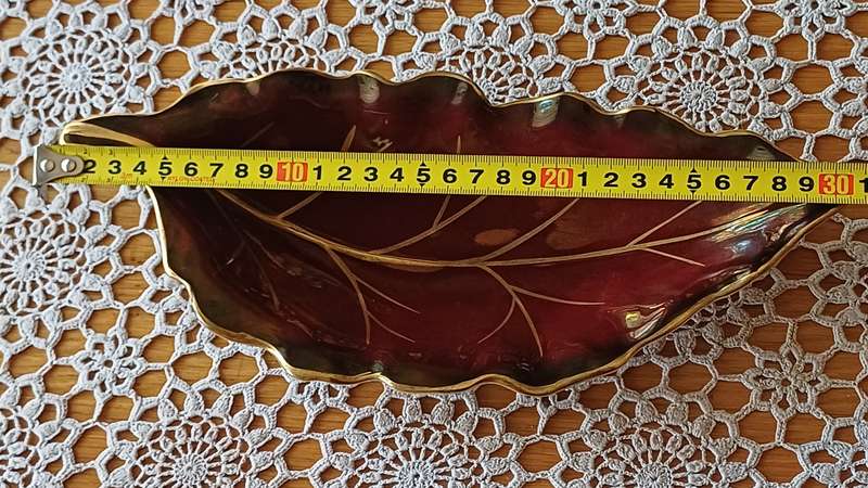 Vintage Crown Devon Leaf-Shaped Dish  Maroon with Gilded Leaf Veins  1930s1940s English Pottery