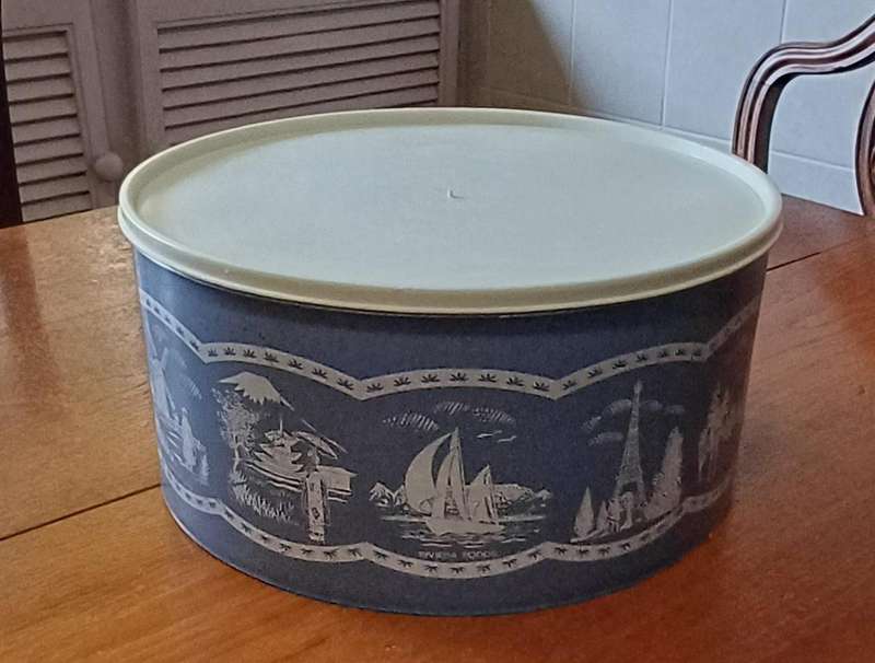 Vintage Plastic Blue and White Biscuit Container