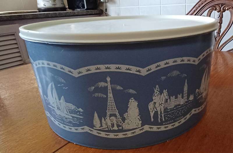 Vintage Plastic Blue and White Biscuit Container