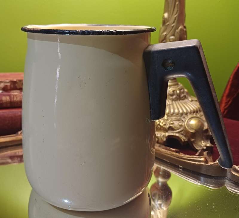 Vintage Yellow Enamel Jug with Black Bakelite Handle  Farmhouse Charm