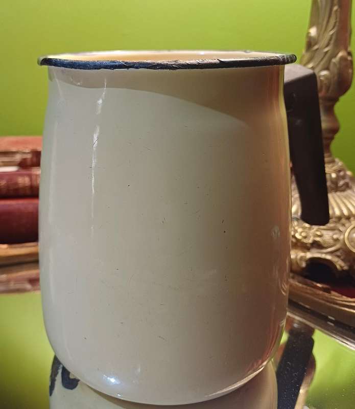 Vintage Yellow Enamel Jug with Black Bakelite Handle  Farmhouse Charm