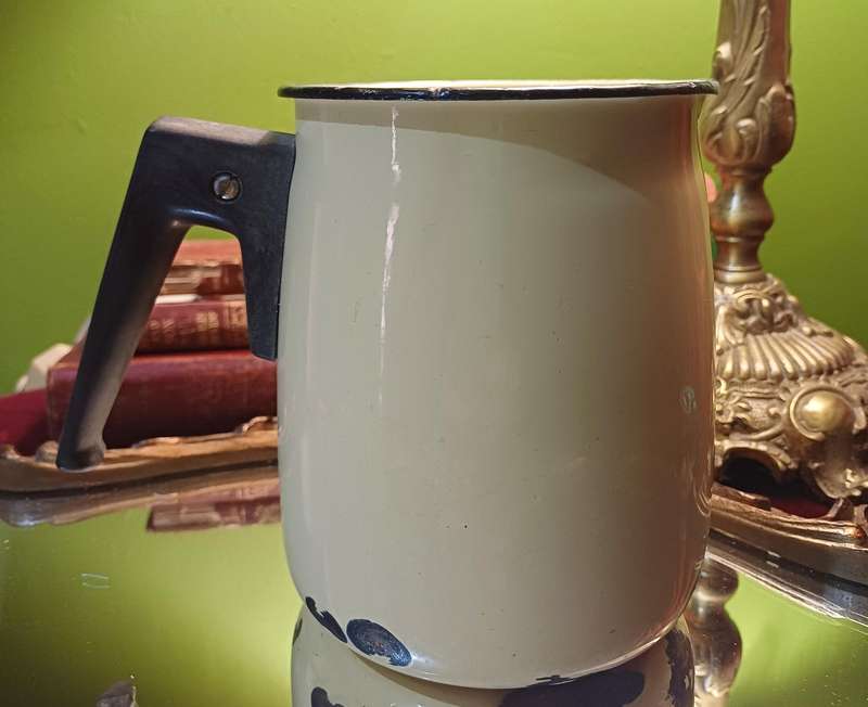 Vintage Yellow Enamel Jug with Black Bakelite Handle  Farmhouse Charm