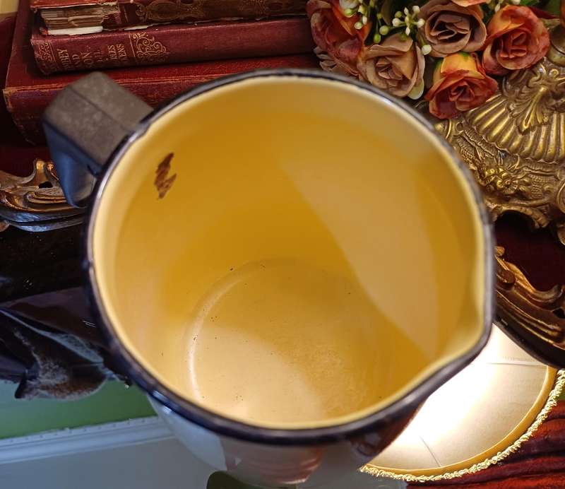 Vintage Yellow Enamel Jug with Black Bakelite Handle  Farmhouse Charm
