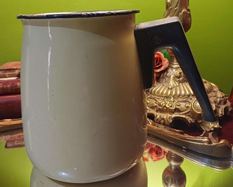 Vintage Yellow Enamel Jug with Black Bakelite Handle  Farmhouse Charm