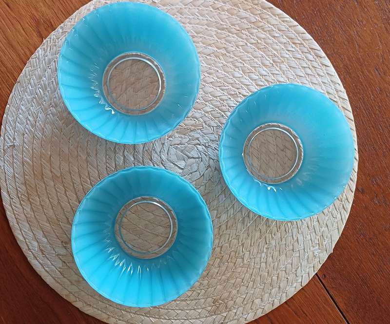 Set of 3 Vintage 1950s French Blue Glass Bowls  Scalloped Edge
