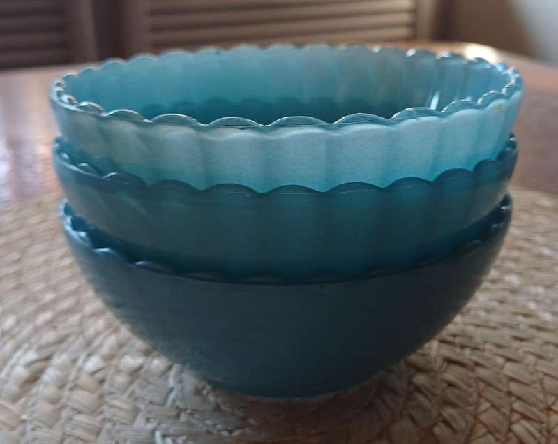 Set of 3 Vintage 1950s French Blue Glass Bowls  Scalloped Edge