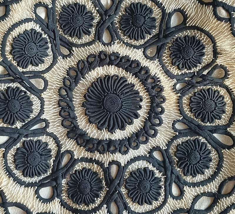 Vintage Black and Cream Embroidered Handbag with Wooden Handles