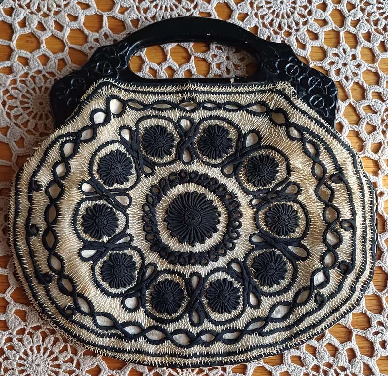 Vintage Black and Cream Embroidered Handbag with Wooden Handles
