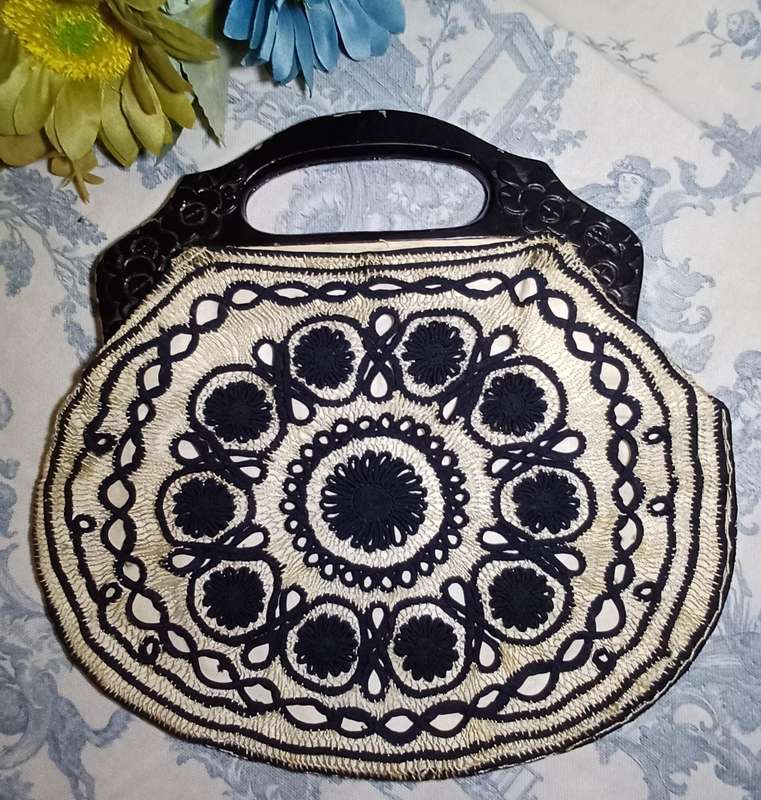 Vintage Black and Cream Embroidered Handbag with Wooden Handles