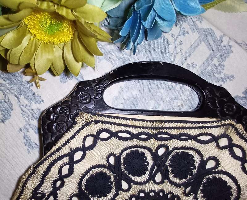 Vintage Black and Cream Embroidered Handbag with Wooden Handles