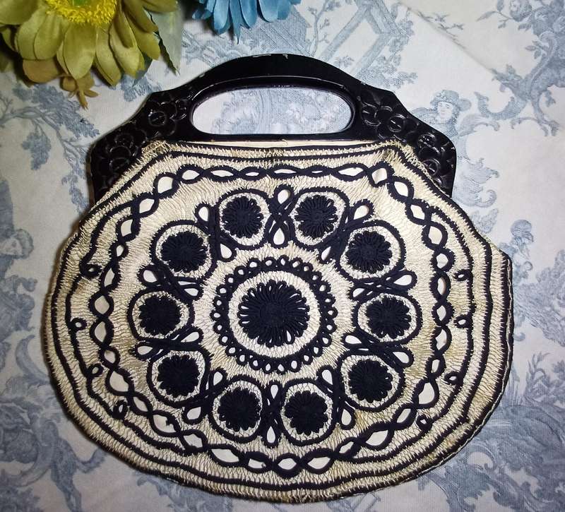 Vintage Black and Cream Embroidered Handbag with Wooden Handles