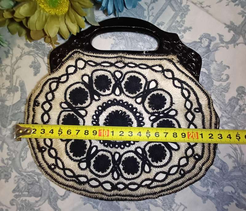 Vintage Black and Cream Embroidered Handbag with Wooden Handles