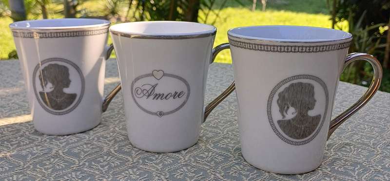 Set of 3 Coffee Cups  @Home White with Silver Trim