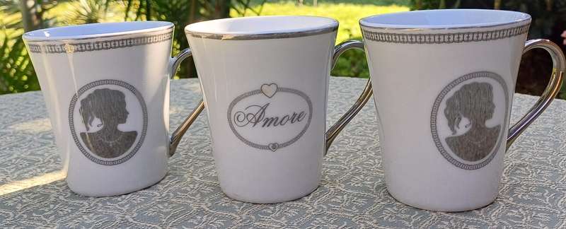 Set of 3 Coffee Cups  @Home White with Silver Trim
