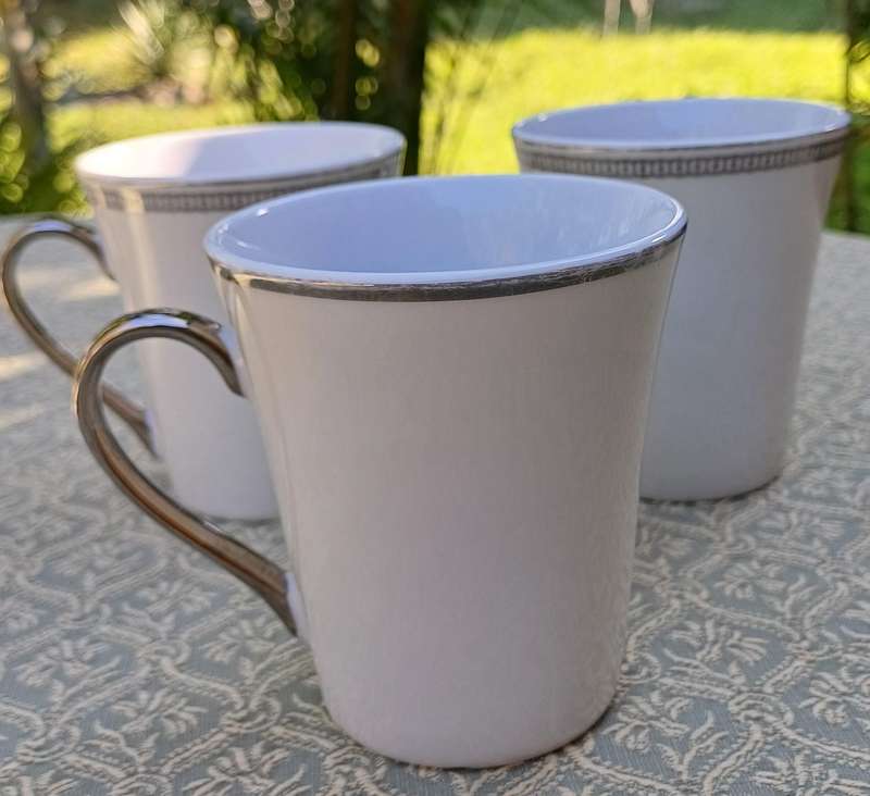 Set of 3 Coffee Cups  @Home White with Silver Trim