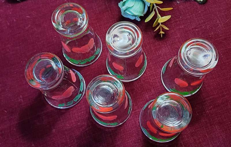 1950s Mid-Century Juice Glasses  Tomato & Vine Design  Set of 6