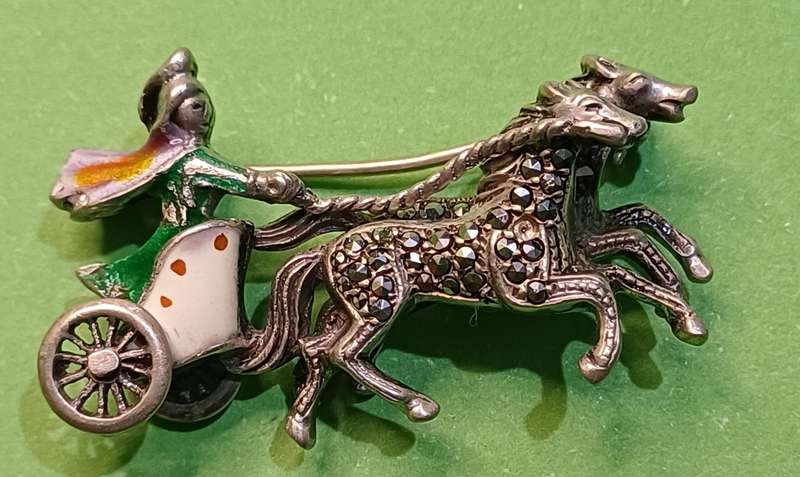 Sterling Enamel Marcasite Chariot Horse Brooch Articulated Roman Egyptian Reviva