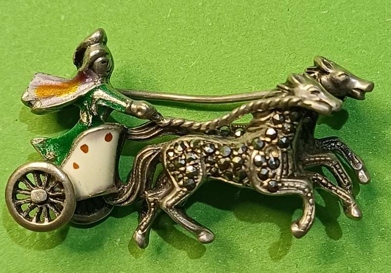 Sterling Enamel Marcasite Chariot Horse Brooch Articulated Roman Egyptian Reviva