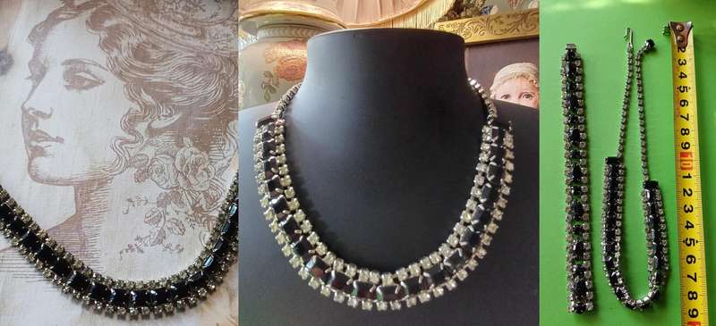 1950s Rhinestone & Black Jet Onyx Choker Necklace with Matching Bracelet   | 17 |