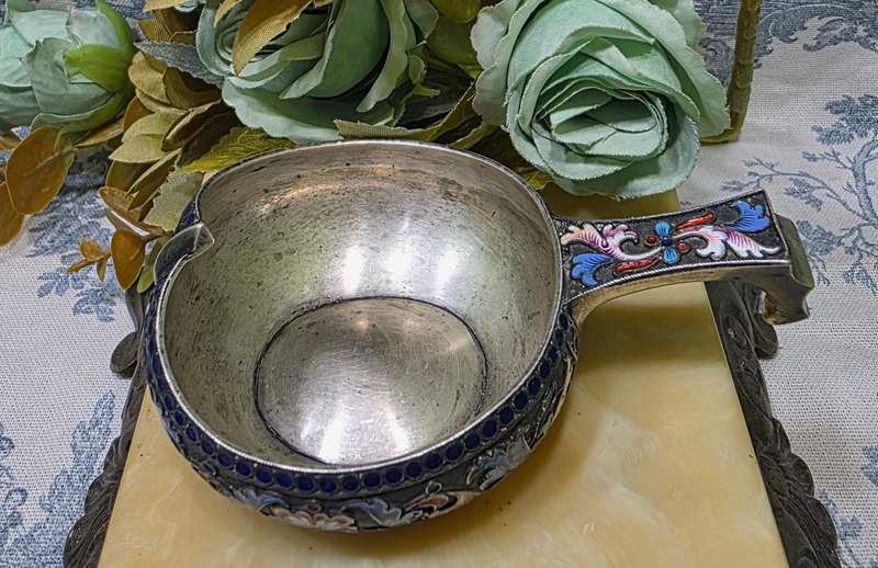 Antique Russian Silver & Enamel Kovsh by Victor Akimov  Imperial Russia, 1891, 84 Zolotnik