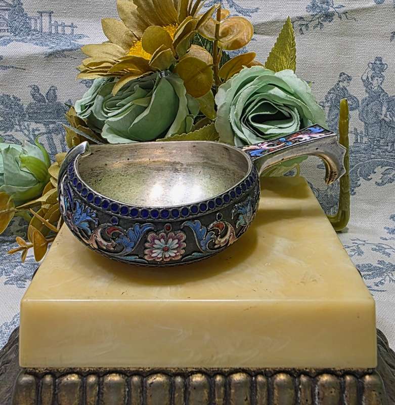 Antique Russian Silver & Enamel Kovsh by Victor Akimov  Imperial Russia, 1891, 84 Zolotnik