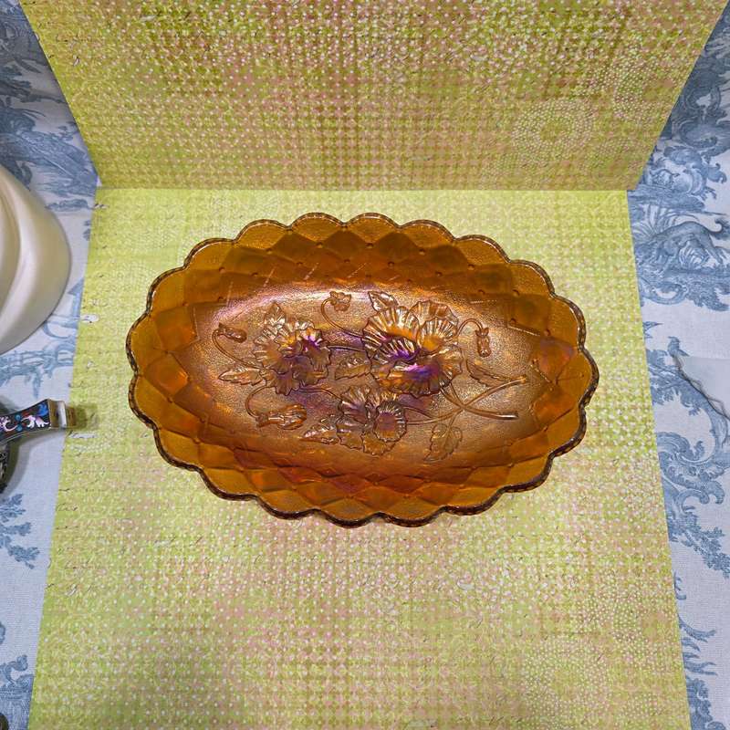 Imperial Carnival Glass Raised Pattern Quilted Pattern Oval Celery/Pickle Dish