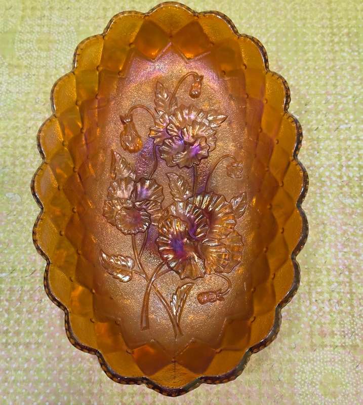 Imperial Carnival Glass Raised Pattern Quilted Pattern Oval Celery/Pickle Dish