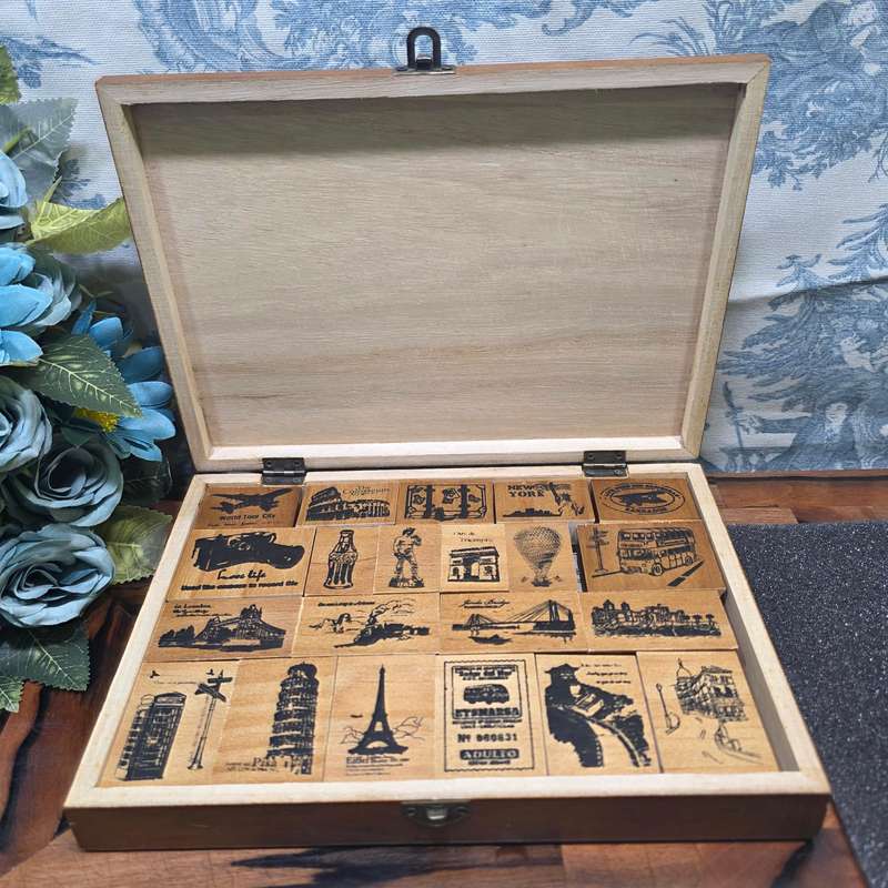 Wooden Rubber Stamp box sets 1 set-- Vintage stamp gift box