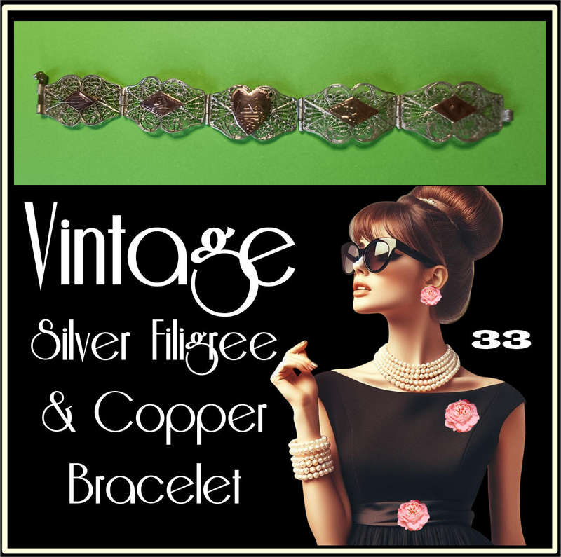 Vintage silver filigree and copper link bracelet  | 33 |