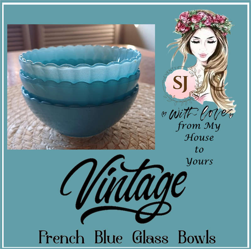Set of 3 Vintage 1950s French Blue Glass Bowls  Scalloped Edge