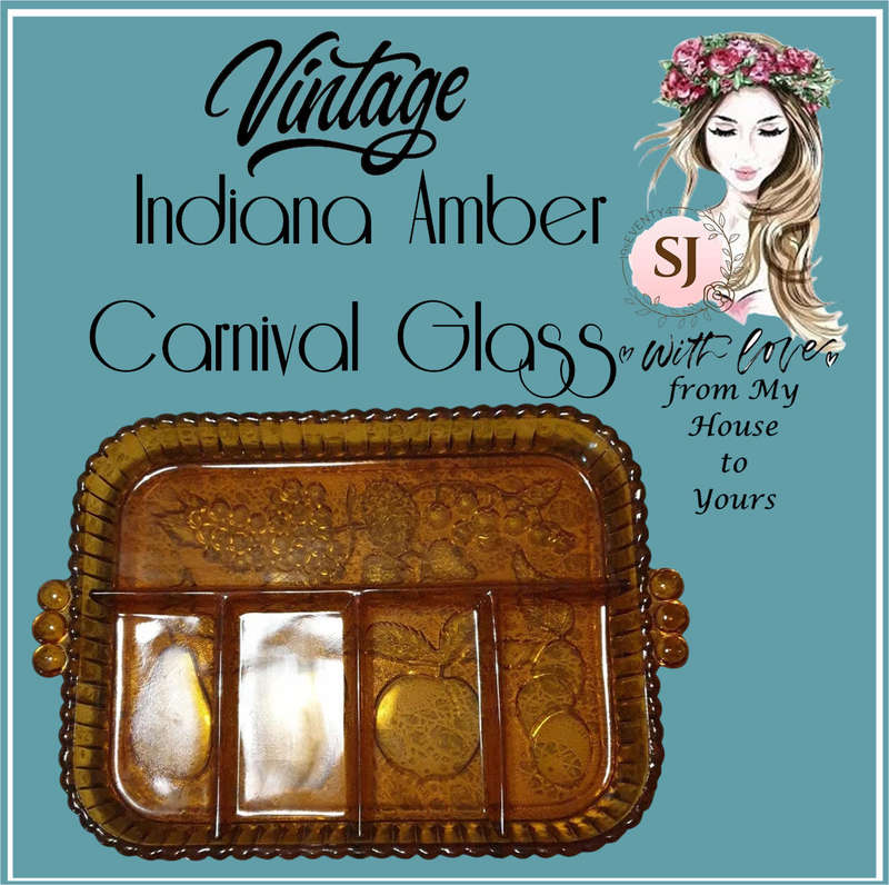 Vintage Indiana Amber Carnival Glass Relish / Platter Divided Tray, Fruit Pattern