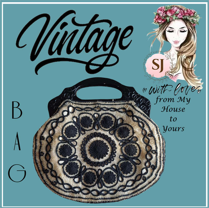 Vintage Black and Cream Embroidered Handbag with Wooden Handles