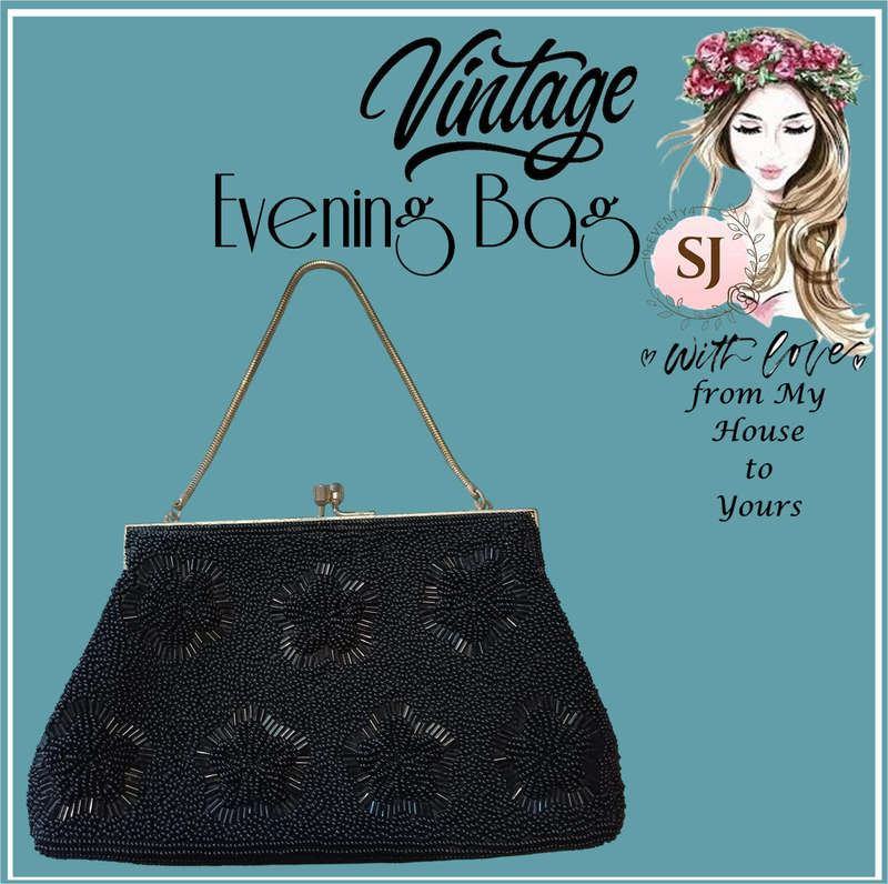 Vintage black beaded kiss lock handbag clutch with chain