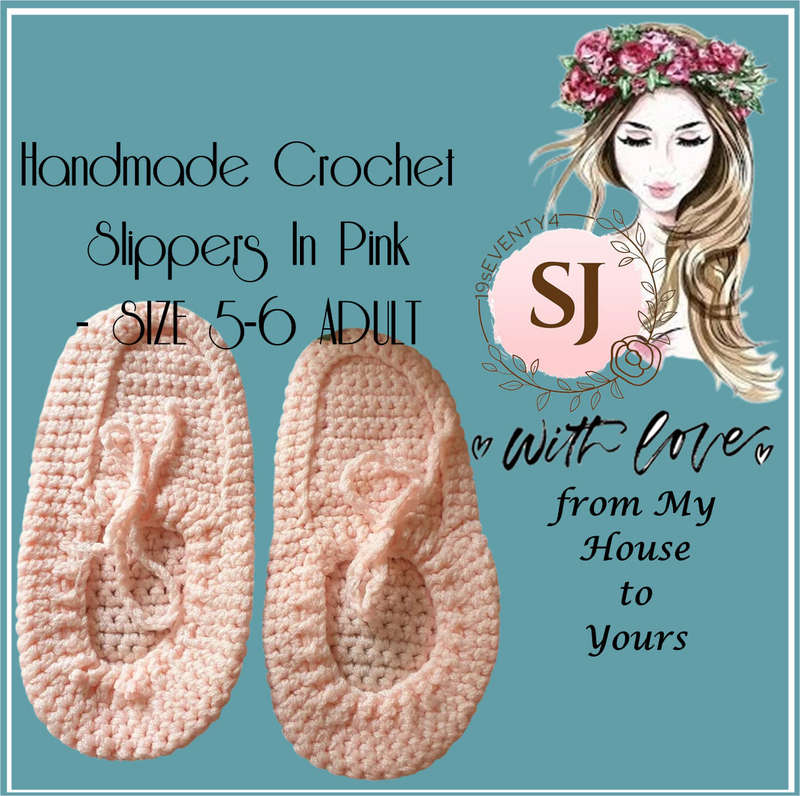 Handmade Crochet Slippers In Pink - SIZE 5-6 ADULT