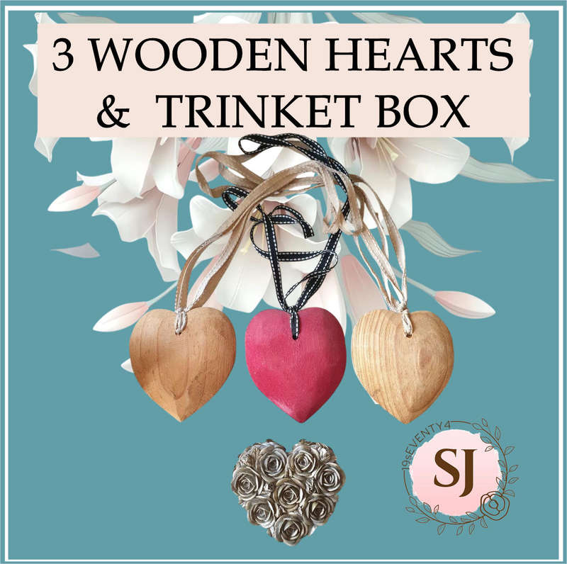 3 WOODEN HEARTS AND HEART TRINKET BOX