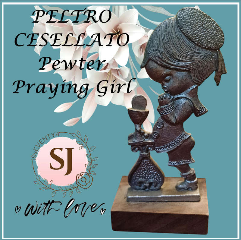 Vintage PELTRO CESELLATO A MANO Pewter Praying Girl Figurine on Wooden Base