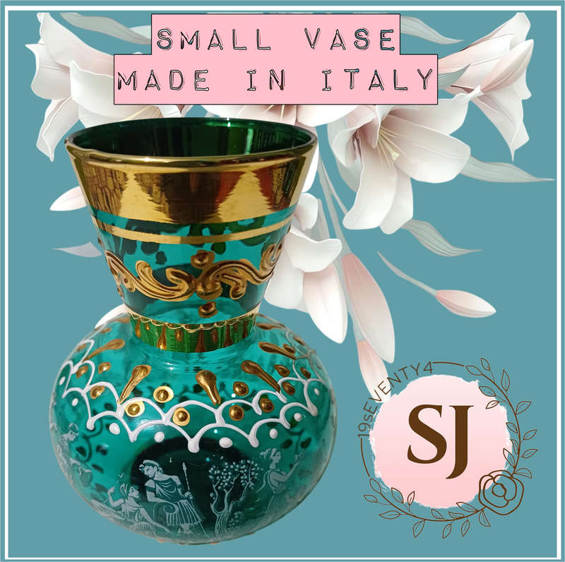 Vintage Hand Painted Bud Vase | Made in Italy |Teal With Gold Tone Trim |