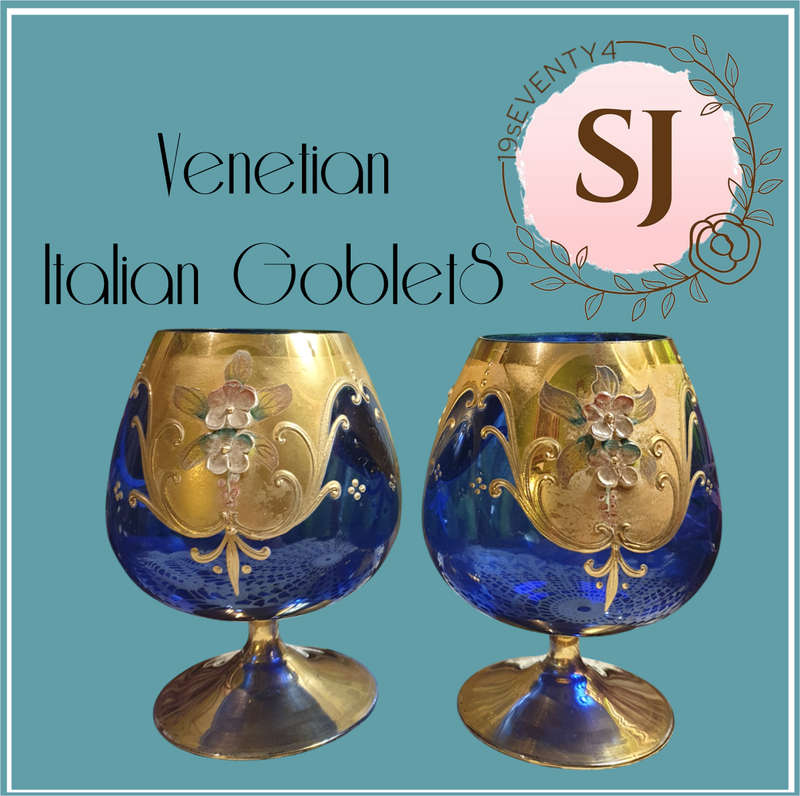 Italian Cobalt Blue Brandy Snifter Gold Trim Enameled Flowers 24kt | SET |