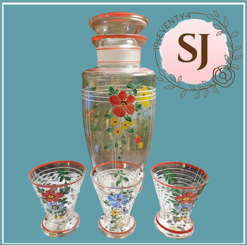 Czechoslovakia | hand painted | Decanter & 3 Glasses |  Fully Pre Loved |