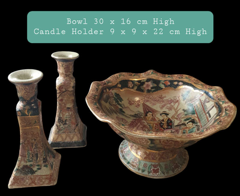 Antique Royal Satsuma Bowl matching set of candle holders.