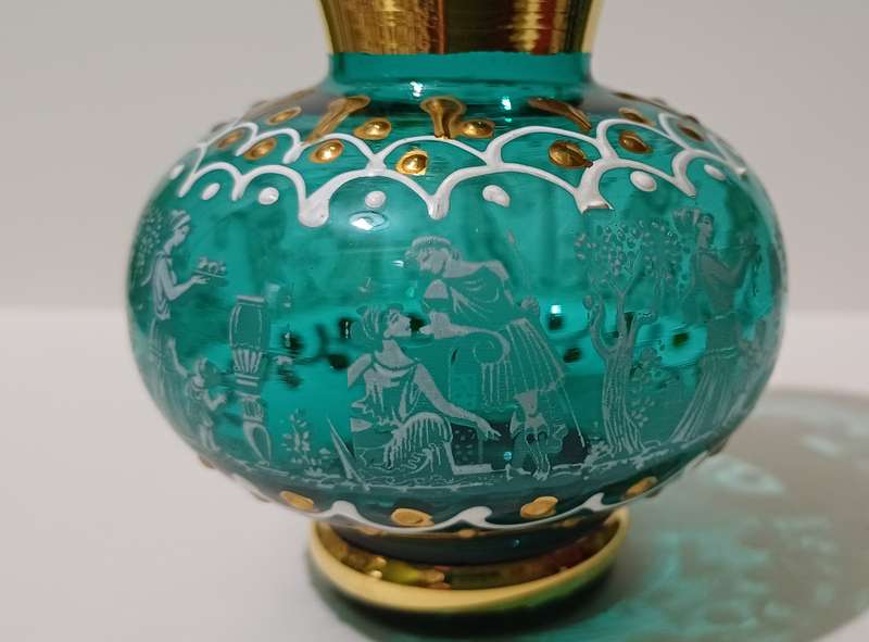 Vintage Hand Painted Bud Vase | Made in Italy |Teal With Gold Tone Trim |