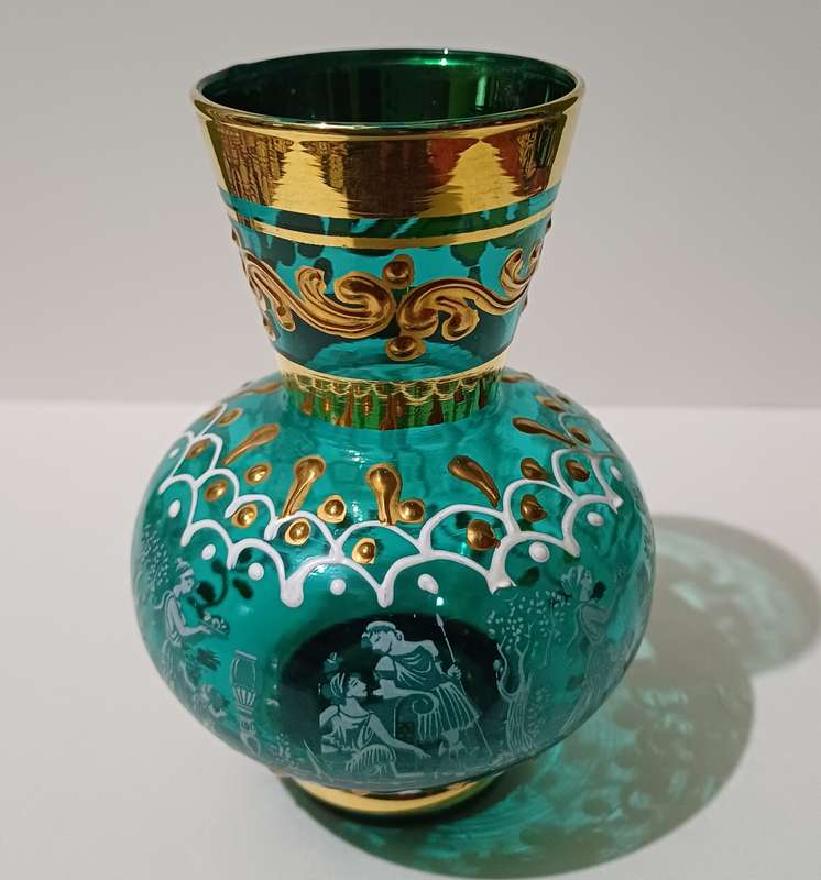 Vintage Hand Painted Bud Vase | Made in Italy |Teal With Gold Tone Trim |