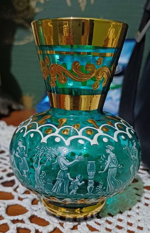 Vintage Hand Painted Bud Vase | Made in Italy |Teal With Gold Tone Trim |