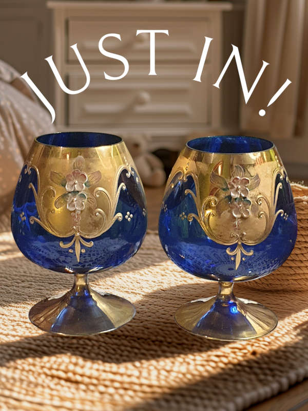 Italian Cobalt Blue Brandy Snifter Gold Trim Enameled Flowers 24kt | SET |