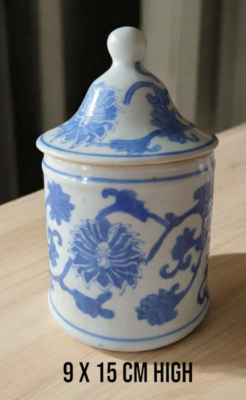 BLUE AND WHITE ORIENTAL JAR WITH LID