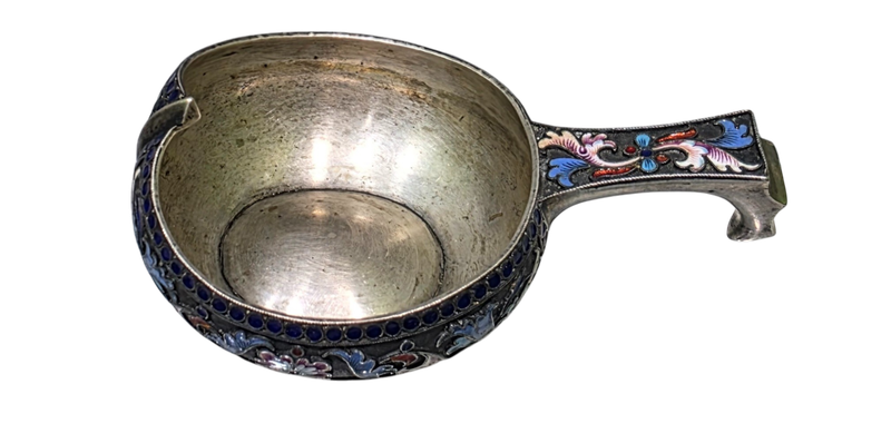 Antique Russian Silver & Enamel Kovsh by Victor Akimov  Imperial Russia, 1891, 84 Zolotnik