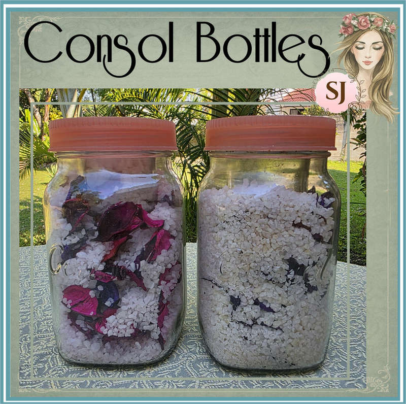 Set of Consol Glass Bottles with Bath Salts  Reusable & Decorative