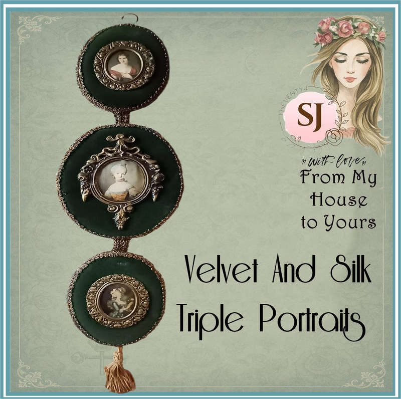 Lovely Italian Velvet And Silk triple portraits miniatures and tasle