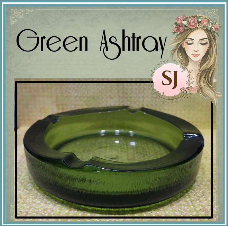 LARGE EMERALD GREEN GLASS ASHTRAY | VERY HEAVY