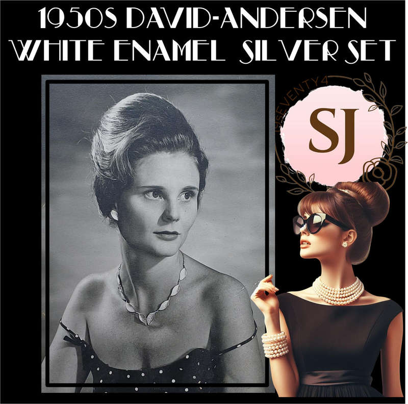 1950s David-Andersen White Enamel Sterling Silver Leaf Set  Necklace & Clip-On Earrings